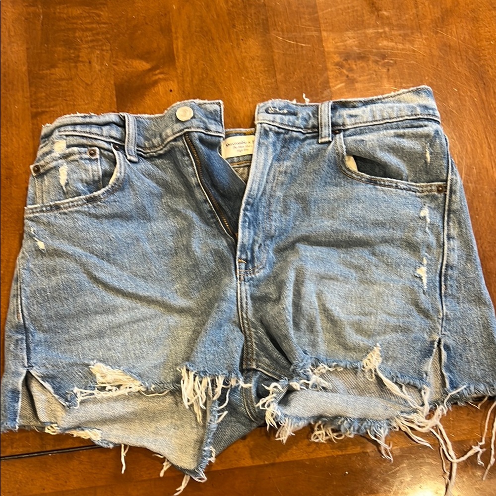 Abercrombie & Fitch the Mom Short High Rise Blue Jean Shorts Distressed Cut-Offs